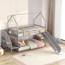 Load image into Gallery viewer, Twin over Twin Metal Bunk Bed House Bed with Slide and Staircase, Silver
