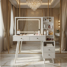 Load image into Gallery viewer, Fluted Vanity Desk With Lighted Mirror &amp; Outlet 4 Drawer, Makeup Table - White

