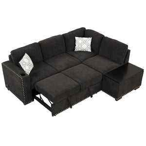 83.8" Sectional Pull-Out Sofa Bed L-Shaped Corner Sofa Couch with Storage Chaise, USB Ports, Power Sockets, Cup Holder for Living Room, Bedroom, Study, Black