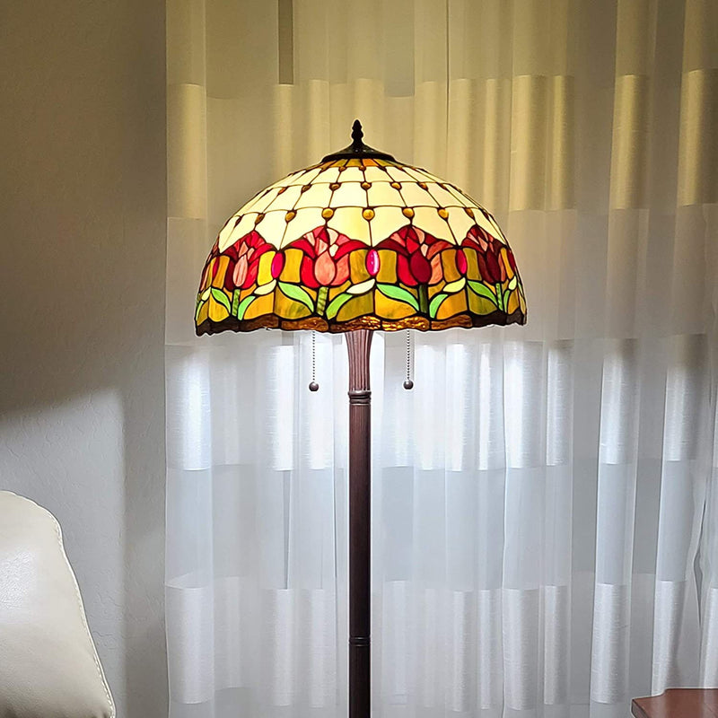 Two Light Traditional Shaped Floor Lamp With Red Flowers Stained Glass Dome Shade - Brown