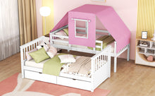 Load image into Gallery viewer, Twin Over Twin Bunk Bed Wood Bed with Tent and Drawers, White+Pink Tent
