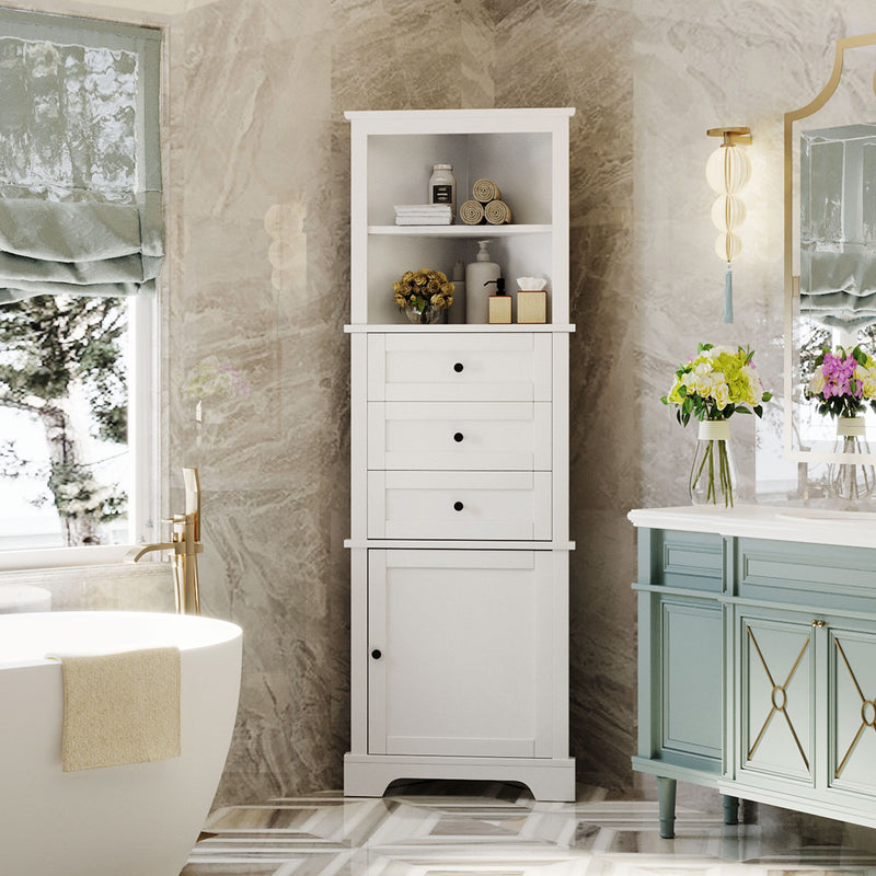 Tall Storage Cabinet With 3 Drawers And Adjustable Shelves For Bathroom