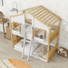 Load image into Gallery viewer, House Bunk Bed With Roof, Window, Window Box, Door, With Safety Guardrails And Ladder
