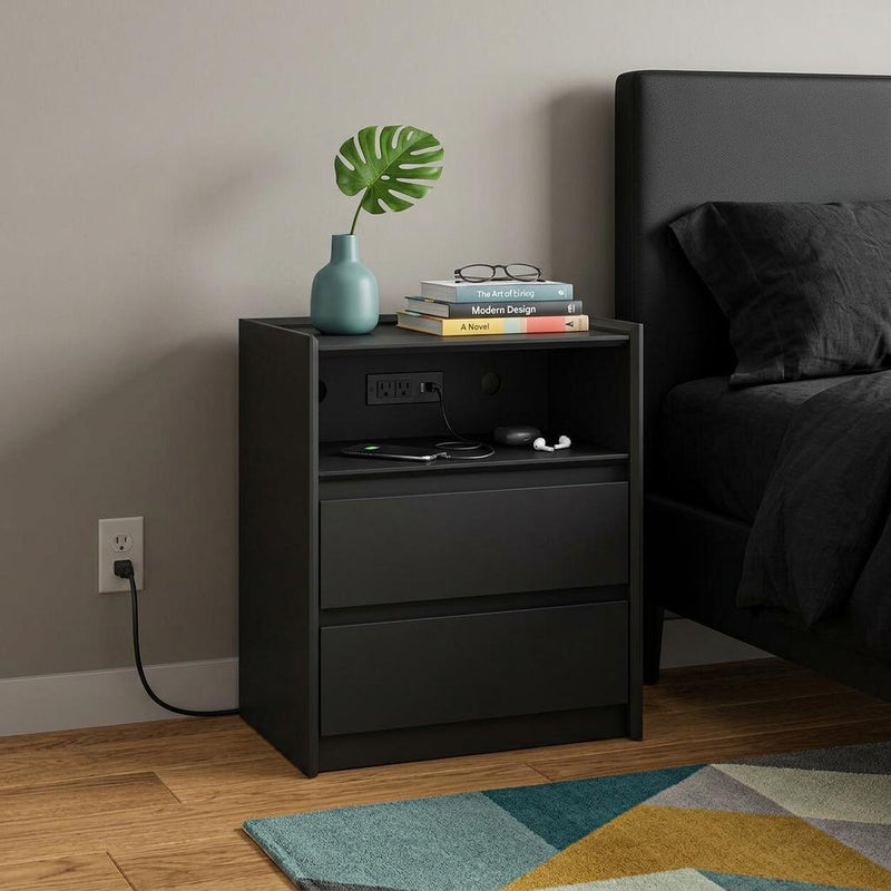 Wood Two Drawer Nightstand With USB Port And Integrated Tech (746971) - Black