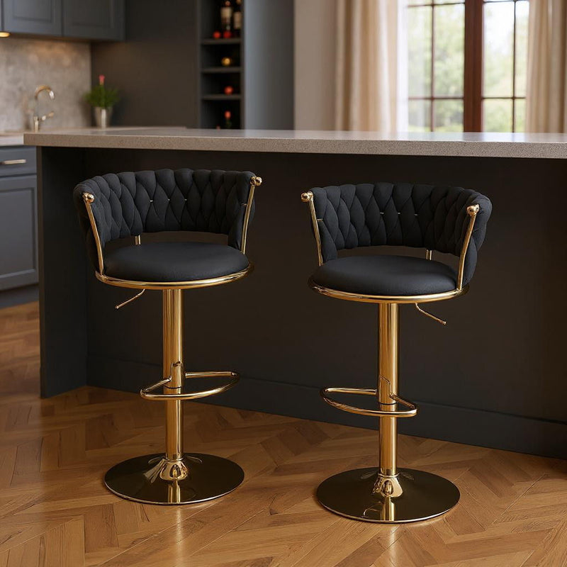 Velvet Metal Low Back Adjustable Height Swivel Bar Chairs (Set of 2) - Black / Gold