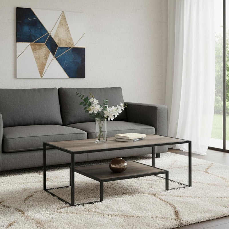 Paper Veneer And Metal Rectangular Coffee Table With Shelf - Black And Rustic Oak
