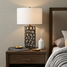 Load image into Gallery viewer, 26" Black Metal Column Table Lamp With White Drum Shade
