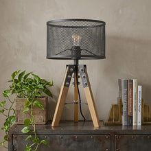 Load image into Gallery viewer, 20" Brown Solid Wood Tripod Table Lamp With Black Drum Shade
