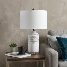 Load image into Gallery viewer, 25" Black and White Ceramic Column Lamp With White Drum Shade
