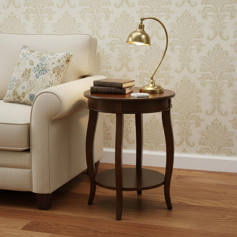 Solid Wood Round End Table With Shelf - Brown