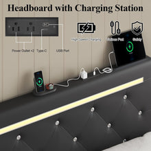 Load image into Gallery viewer, Upholstered Bed Frame With LED Lights, 4 Storage Drawers, Charging Station
