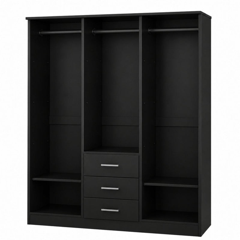 Solid Wood Mirrored Three Door Three Drawer Combo Dresser - Black