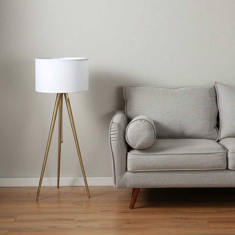 Metal Adjustable Tripod Floor Lamp With White Linen Drum Shade - Gold