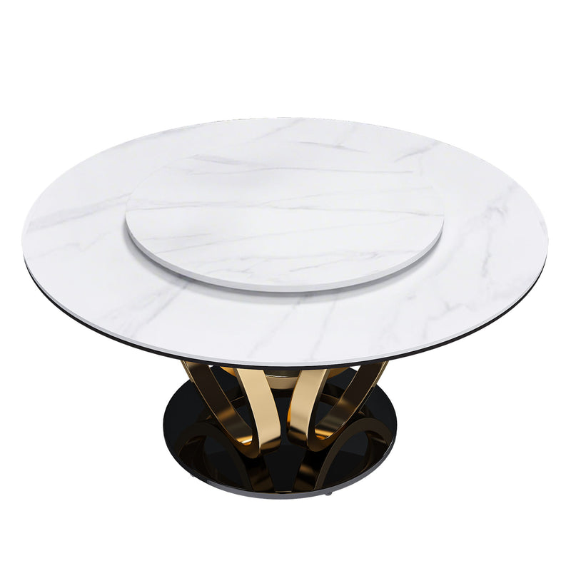 Round Dining Table With 360° Smooth Lazy Susan For Dining Room - Gold / Black / White