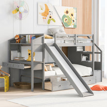 Load image into Gallery viewer, Twin over Twin Bunk Bed with Storage Staircase, Slide and Drawers, Desk with Drawers and Shelves, Gray
