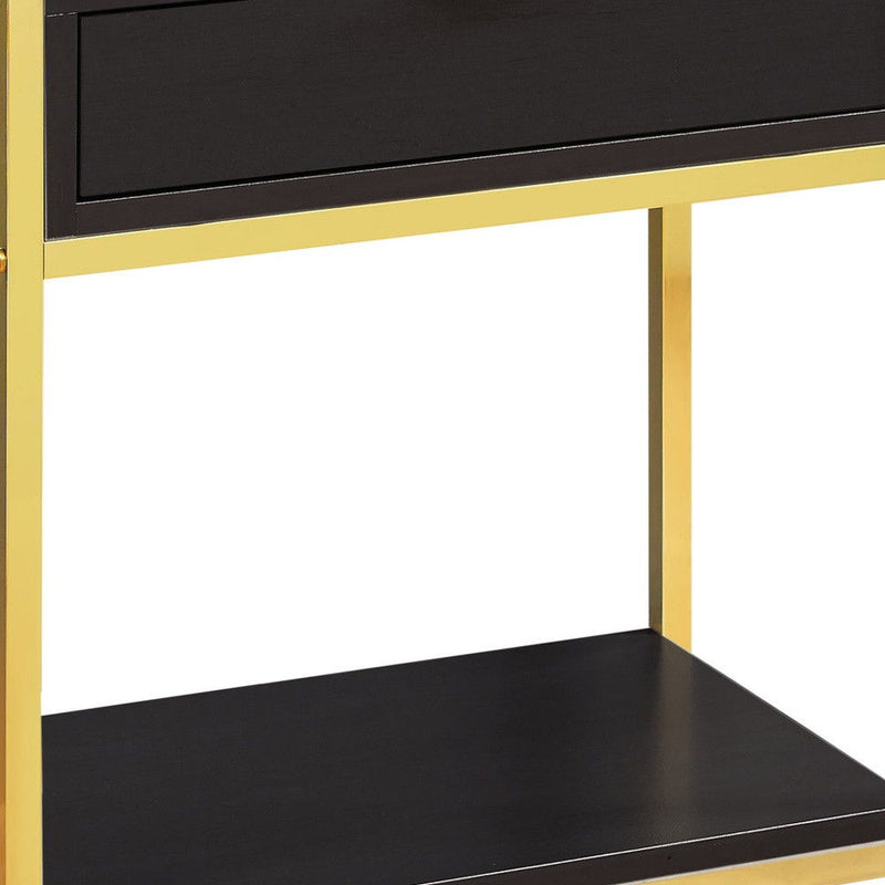 Wood And Metal End Table With Drawer And Shelf - Gold And Dark Brown