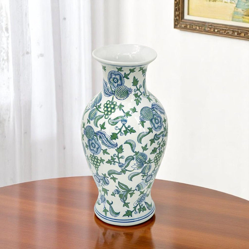 Floral Urn Porcelain Table Vase - White / Green / White
