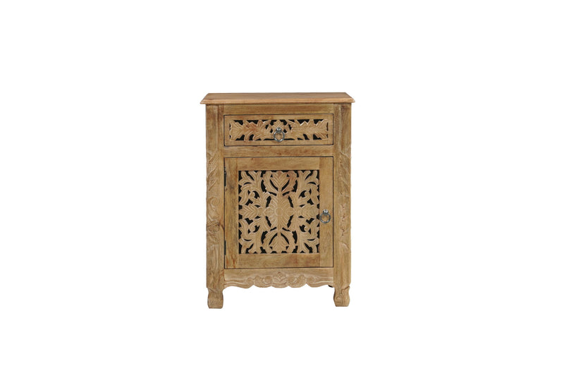 Solid Wood Distressed Carved Floral One Drawer Nightstand - Brown