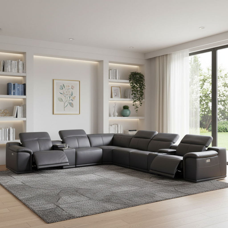 Italian Leather Power Reclining U Shaped Eight Piece Corner Sectional With Console - Gray