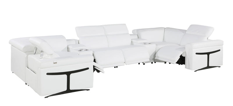 Italian Leather Power Reclining U Shaped Eight Piece Sectional With Console - White