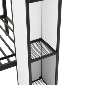 Metal Twin over Twin Castle-shaped Bunk Bed with Wardrobe and Multiple Storage, Black+White