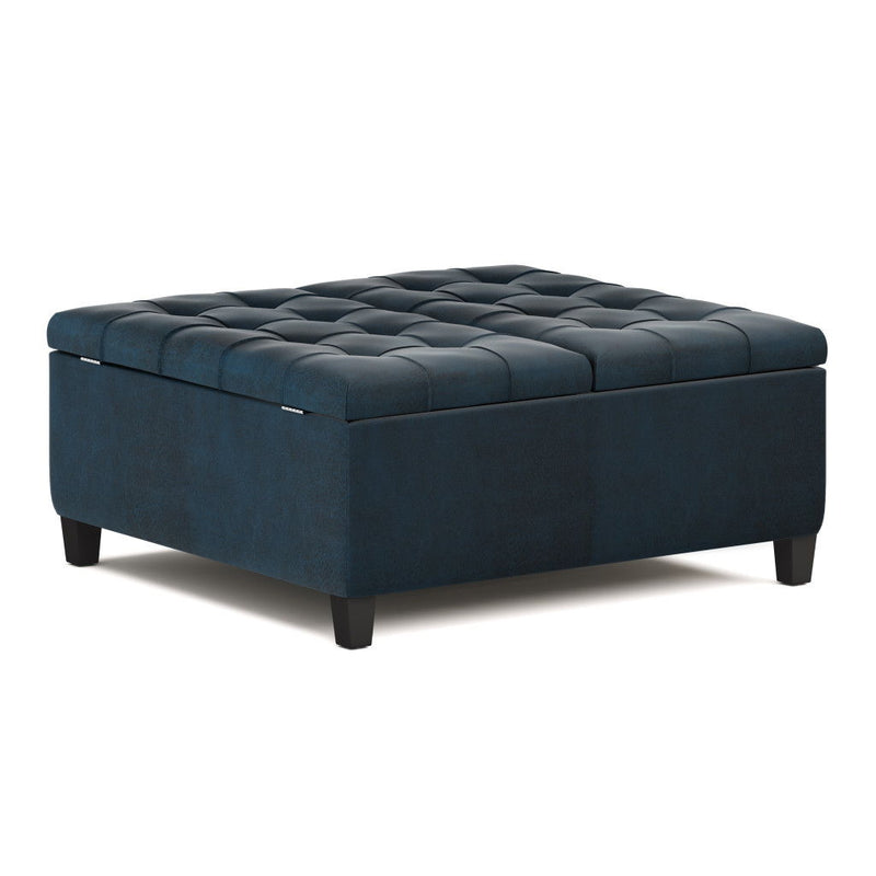 Leather Cocktail Ottoman With Storage - Blue / Espresso