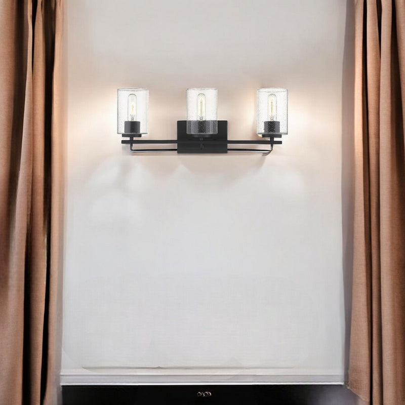 Metal And Textured Glass Three Light Wall Sconce - Black
