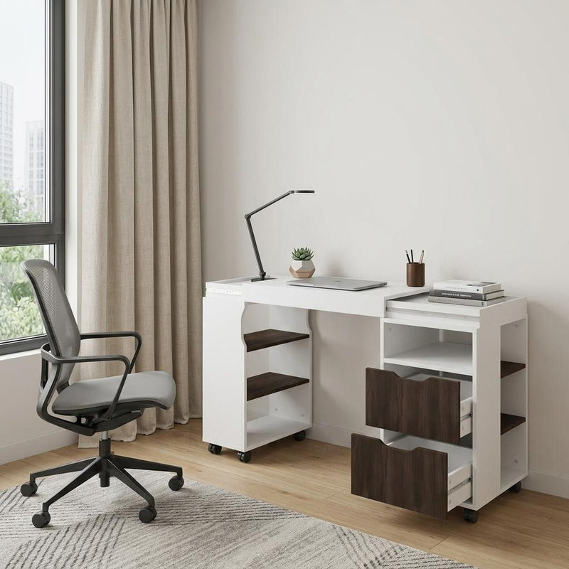 Wood Rolling Pedestal Computer Desk With And Two Drawers - White And Walnut