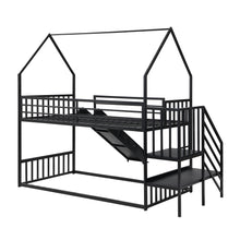 Load image into Gallery viewer, Twin Size Metal Bunk Bed House Bed with Slide and Staircase, Black
