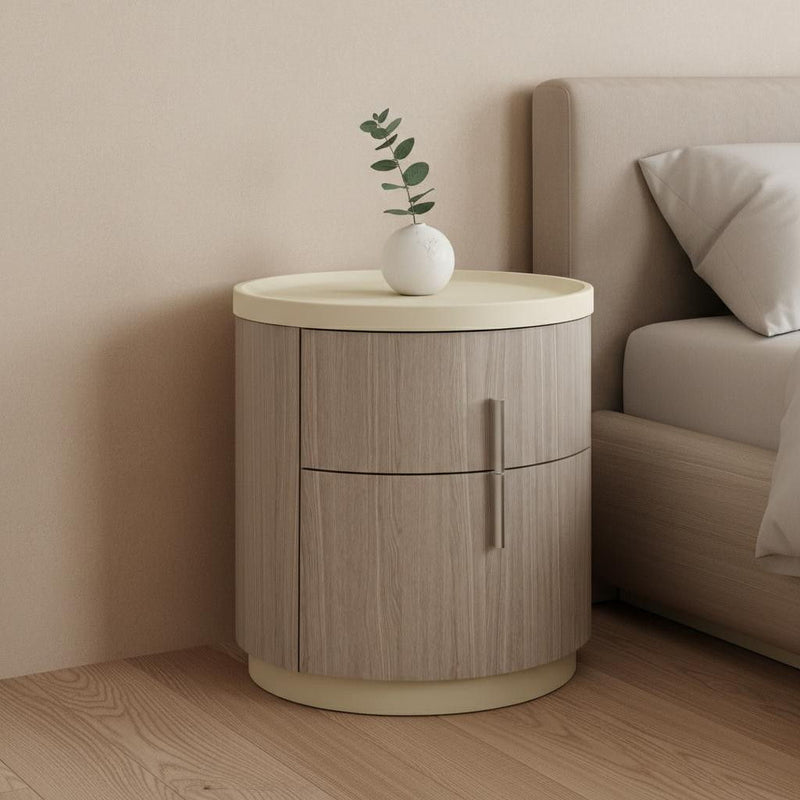 Wood Round Two Drawer Nightstand - Beige And Oak
