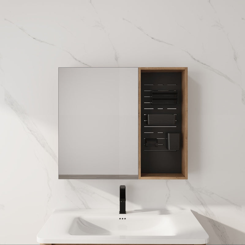 Wall Mounted Bathroom Mirror Cabinet & Adjustable Shelves - Imitative Oak