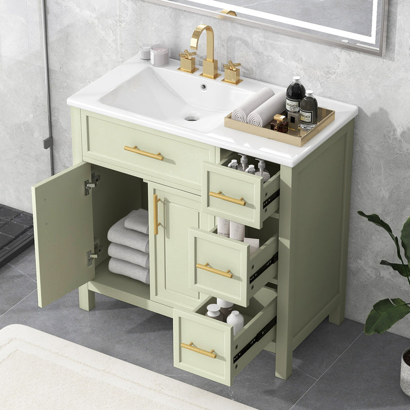 36" Bathroom Vanity With Sink, 2 Doors, 3 Drawers, Rectangular - White