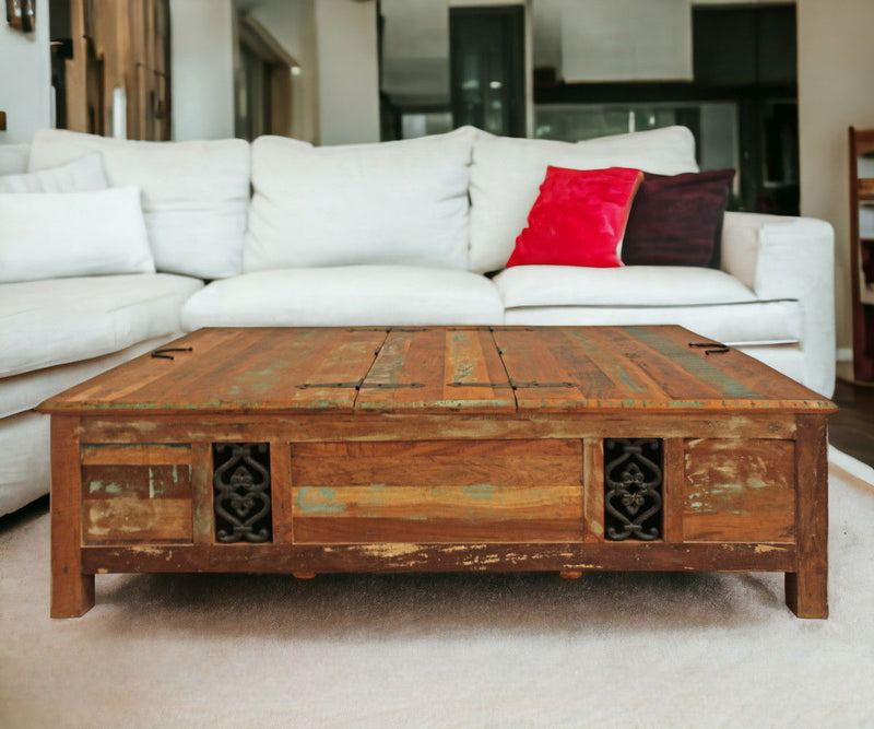 Rectangular Storage Wood Coffee Table - Green and Brown