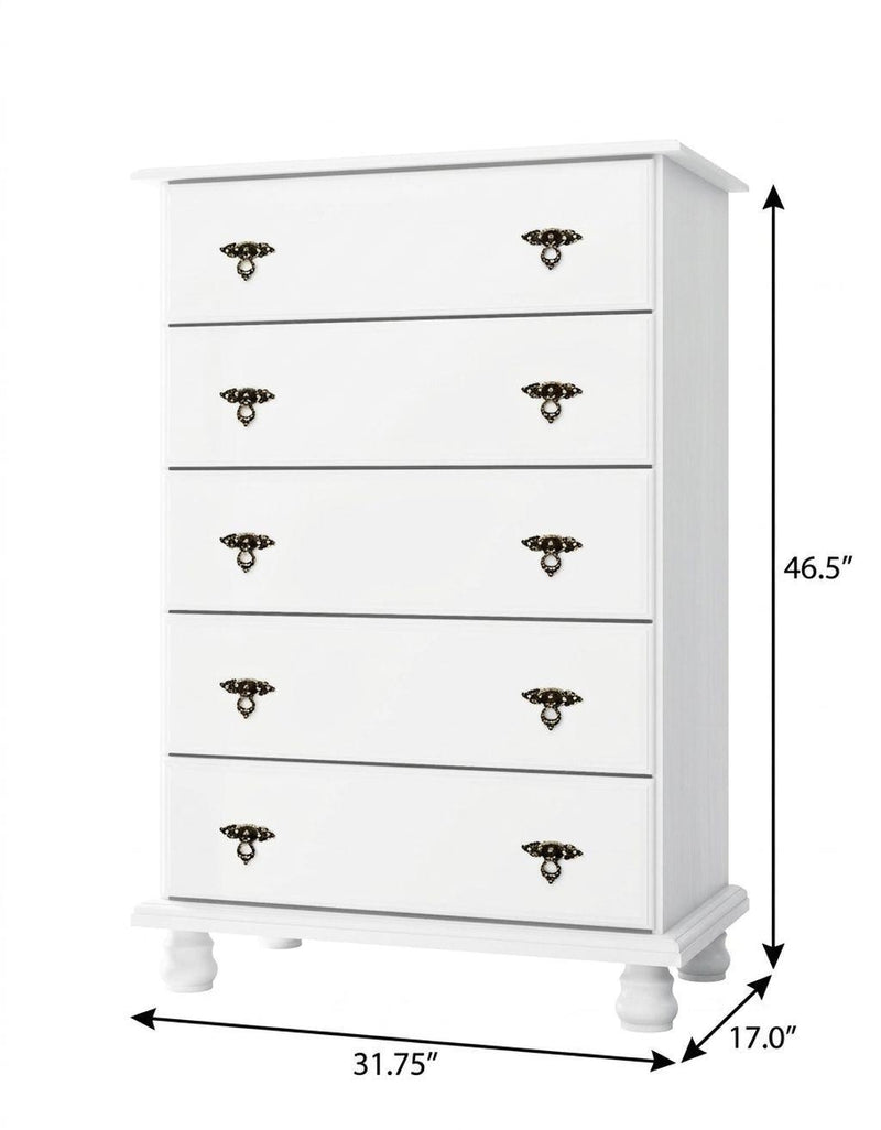 Solid Wood Five Drawer Dresser (760731) - White