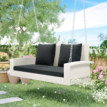 Load image into Gallery viewer, GO 2-Person Wicker Hanging Porch Swing with Chains, Cushion, Pillow, Rattan Swing Bench for Garden, Backyard, Pond. (White Wicker, Gray Cushion)
