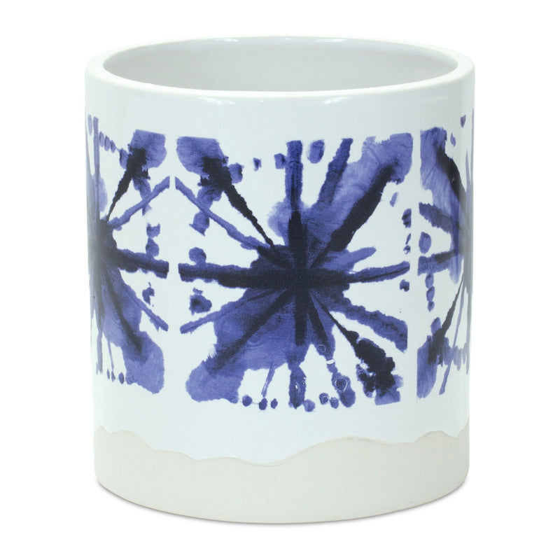 Abstract Round Pot Planters (Set of 2) - White / Blue