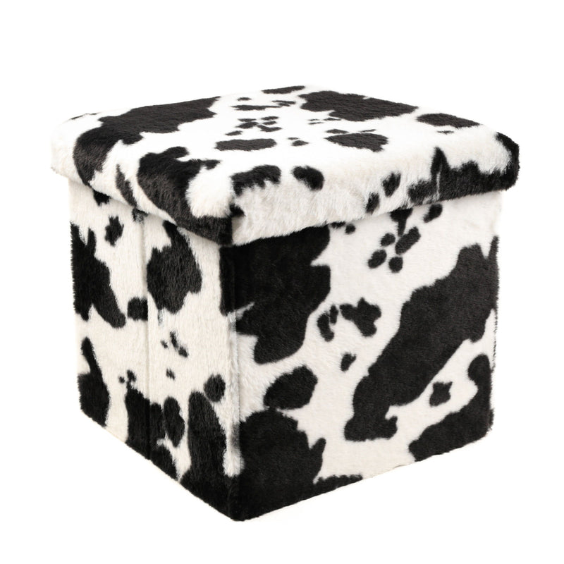 12" Plastic Cow Print Storage Ottoman - White / Black