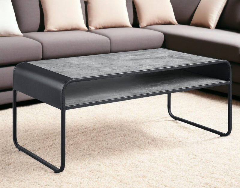 42" Concrete And Metal Sled Coffee Table With Shelf - Black And Gray