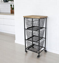 Load image into Gallery viewer, 32" Metal And Wood Basket Storage Rolling Cabinet - Black And Natural
