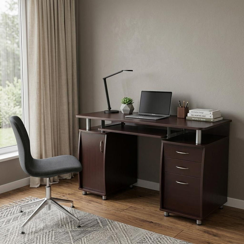 Pedestal Computer Desk With Three Drawers - Chocolate