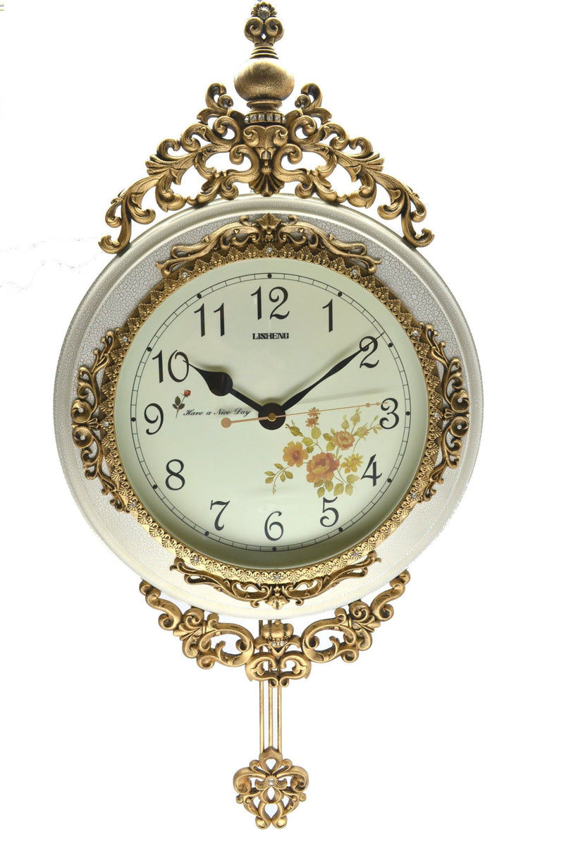 Silent Pendulum Ornate Round Wall Clock - Ivory / Gold