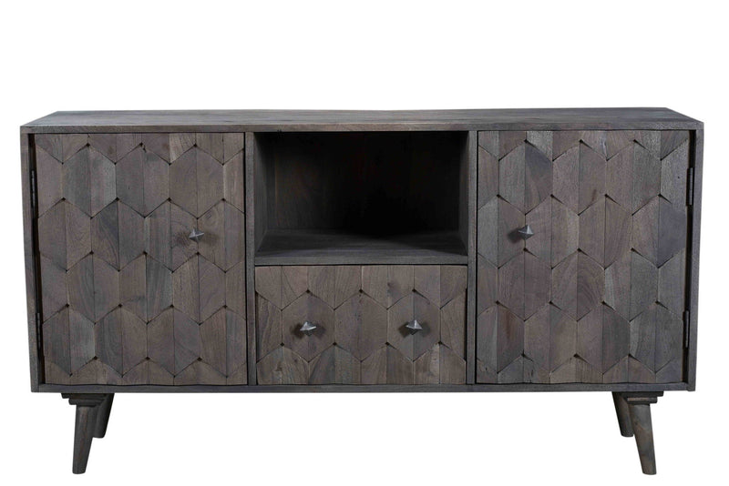 55" Carved Geometric Distressed Solid Wood Enclosed And Open Storage TV Stand - Dark Gray