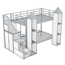 Load image into Gallery viewer, Metal Twin over Twin Castle-shaped Bunk Bed with Wardrobe and Multiple Storage, Gray+White
