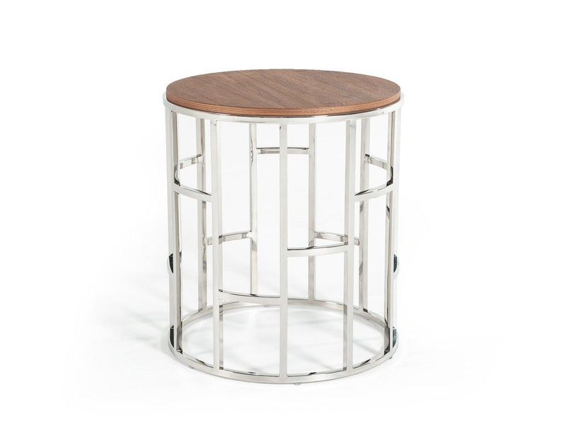 Stylish Round Geometric End Or Side Table - Silver And Walnut