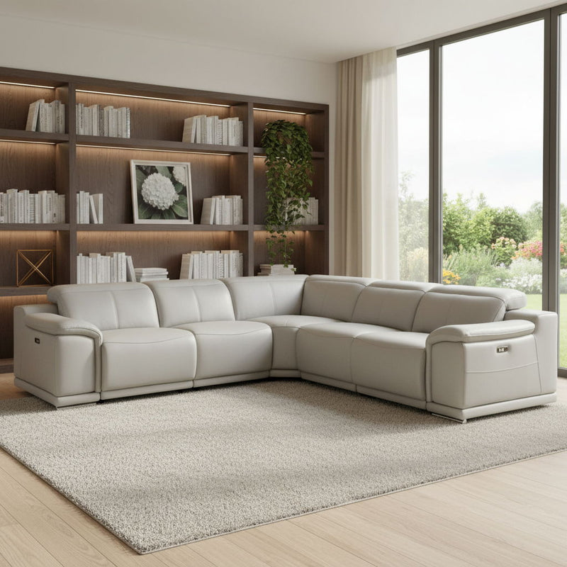 Italian Leather Power Reclining U Shaped Five Piece Corner Sectional With Console - Light Gray