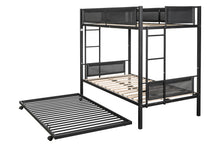 Load image into Gallery viewer, Metal Twin over twin bunk bed with Trundle/ Sturdy Metal Frame/ Noise-Free Wood Slats/ Comfortable Textilene Guardrail/ 2 side Ladders/ Space-Saving Trundle/ Bunk Bed for Three/ No Box Spring Needed
