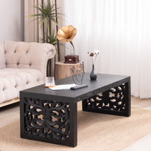 Load image into Gallery viewer, Rustic Carved Wood Coffee Table, Handcrafted Look With Ornate Side Panels
