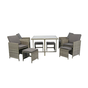 9 Pieces Patio Dining Sets Outdoor Space Saving Rattan Chairs with Glass Table Patio Furniture Sets Cushioned Seating and Back Sectional Conversation Set Grey Wicker + Grey Cushion