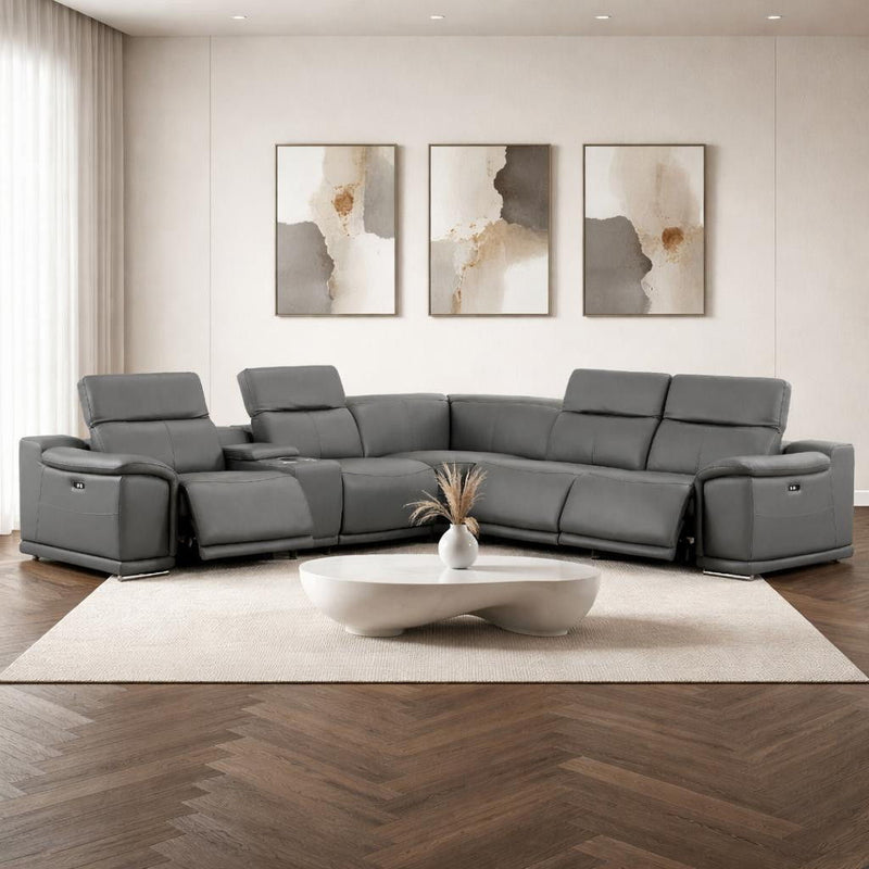 Leather Modular L Shaped Six Piece Corner Sectional With Console - Battleship Gray