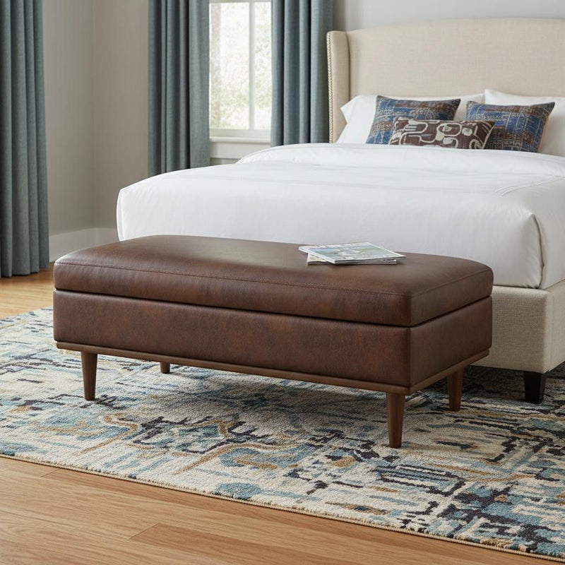 Transitional Style Leather Cocktail Ottoman With Storage - Brown